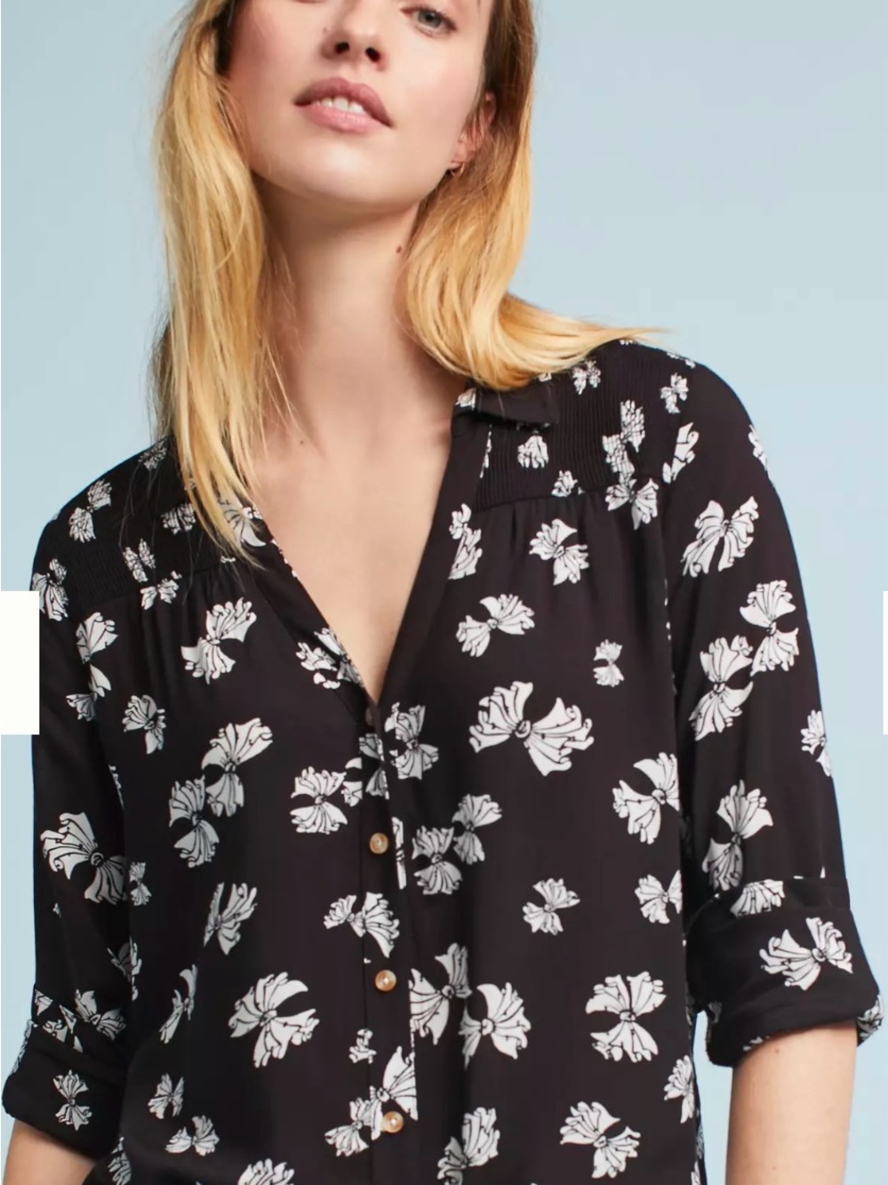 Anthropologie Maeve Emory Black & White Bow Print Button-Down Blouse